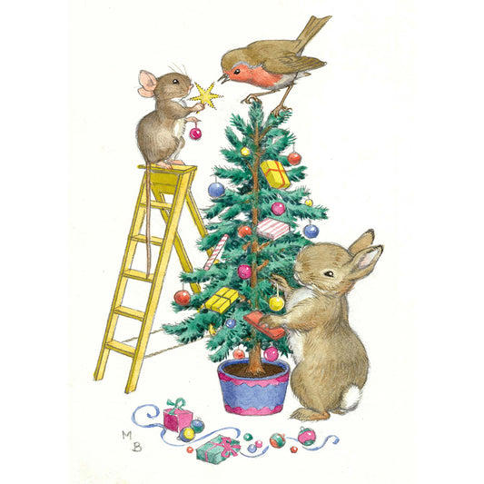 Rabbit and Mouse Decorating the Tree
